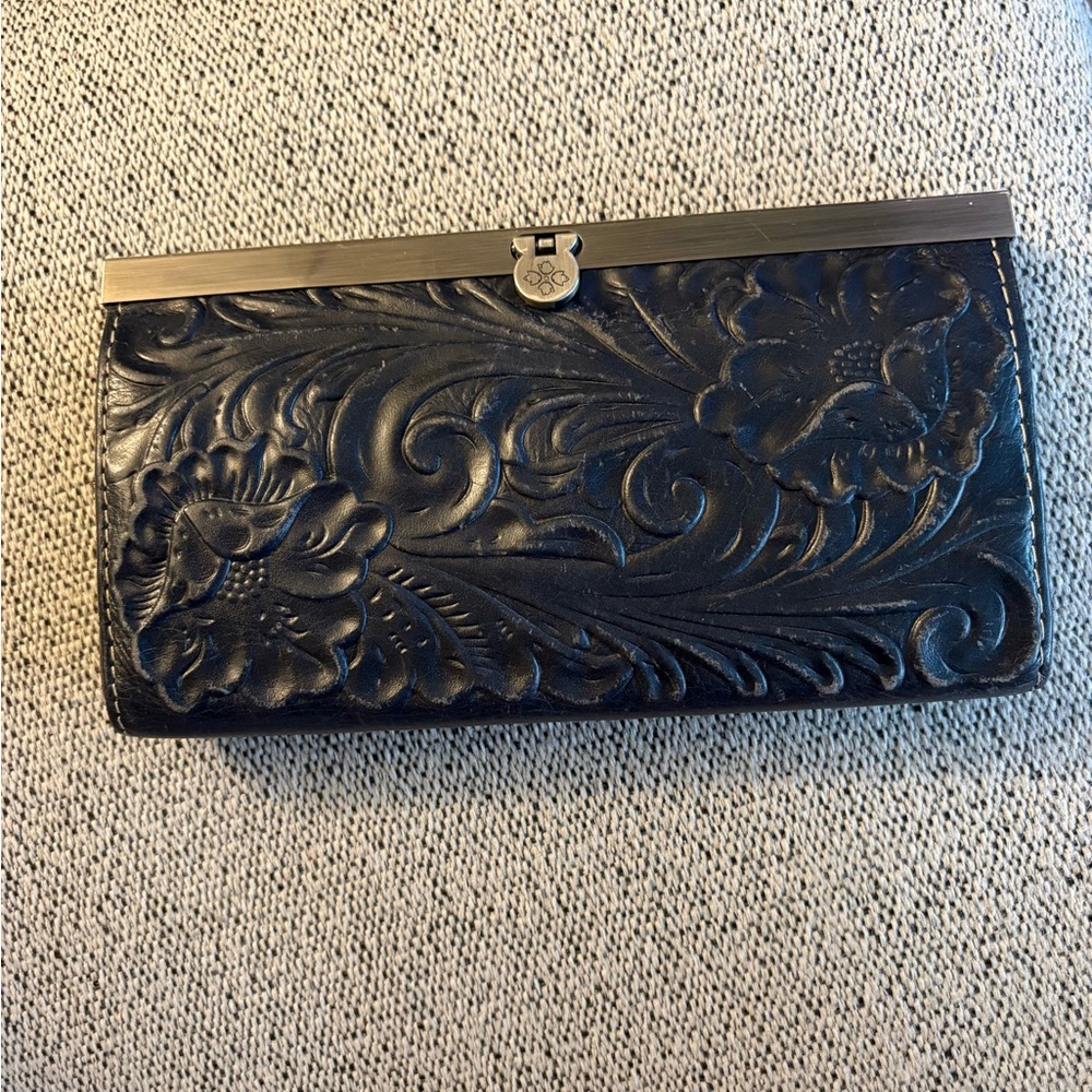 Patricia Nash Navy Tooled Floral Leather Wallet with Metal Frame